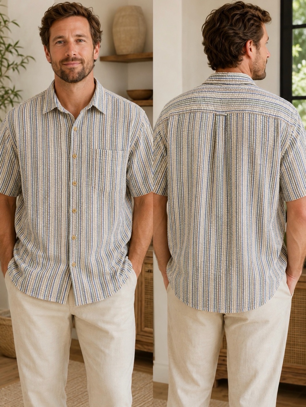 Orvis Men’s XL Striped Seersucker Cotton Short Sleeve Button-Up Shirt